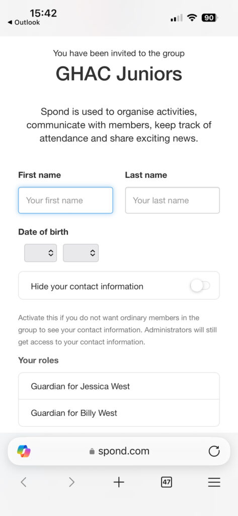 Spond Parent Invite Acceptance